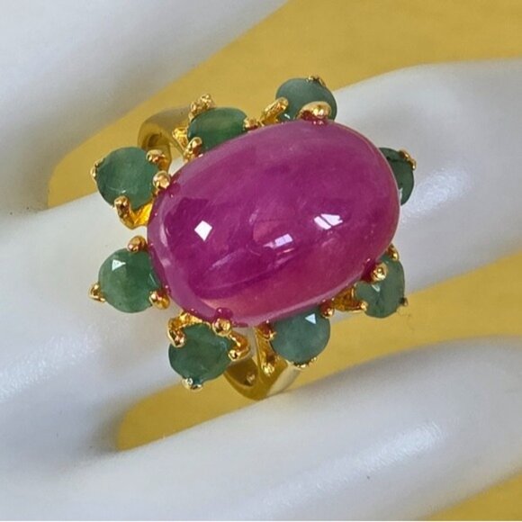925 Sterling Silver Ring Sz 6.5 with Natural Oval Ruby 16x11mm & Emerald Gems - Picture 8 of 13
